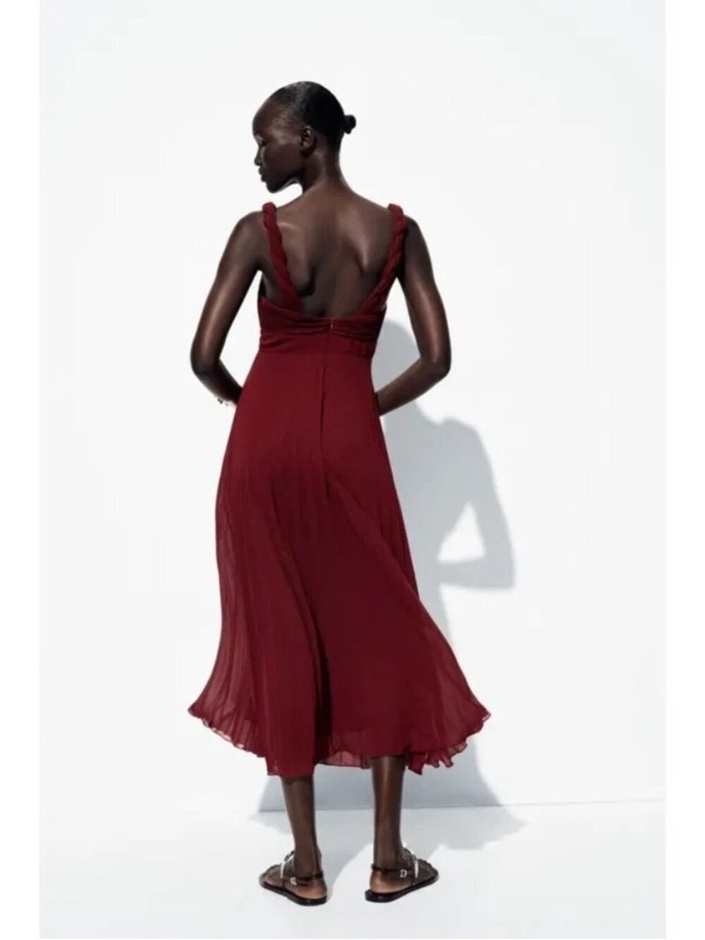 Zara Knot-Shoulder V-Neck Midi Dress in Burgundy - Picture 2 of 6